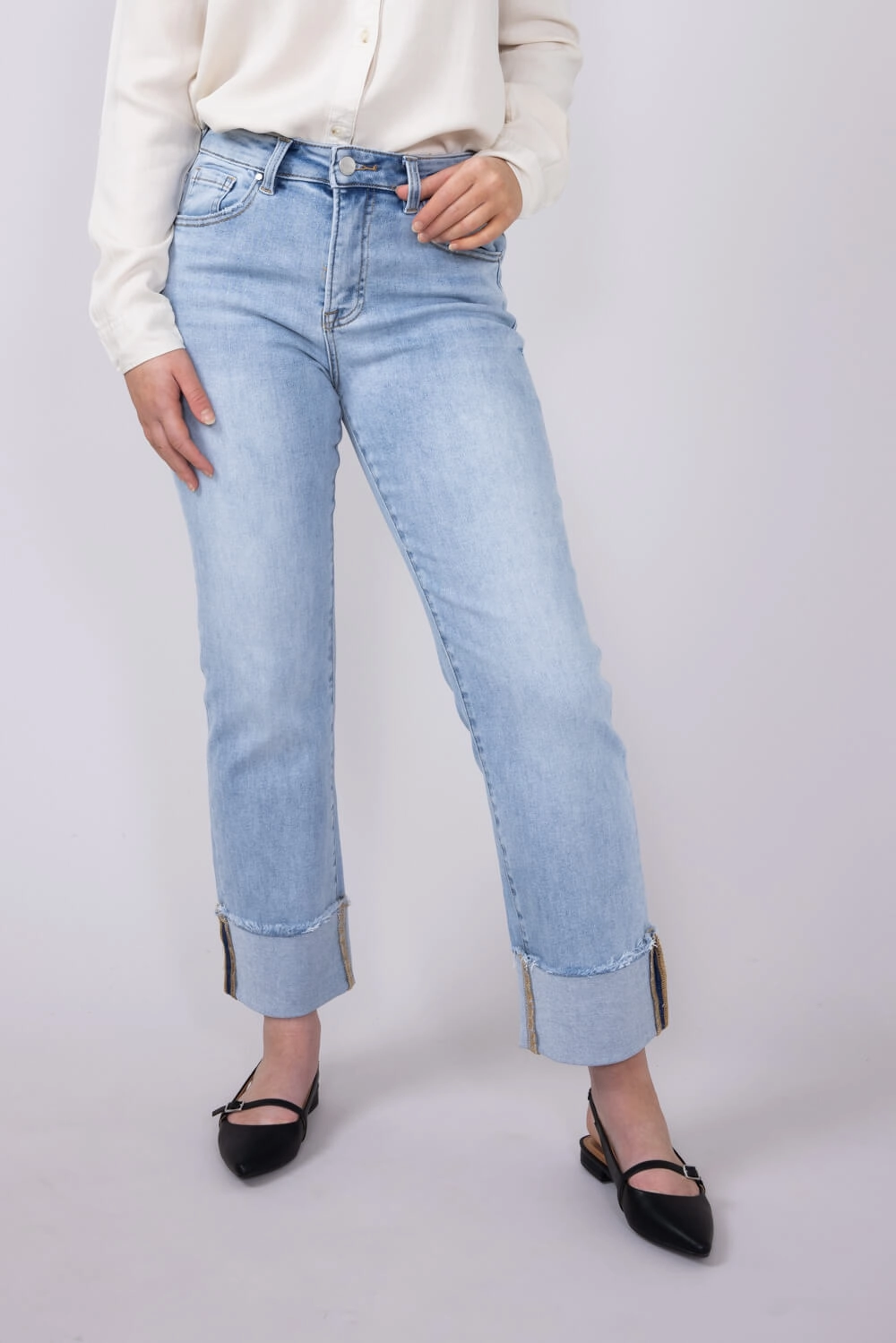 Risen High Rise Cuffed Straight Relaxed Jeans for Women | RDP5379CH-LT Casual Musthave Evening Stroll Athlete Fit