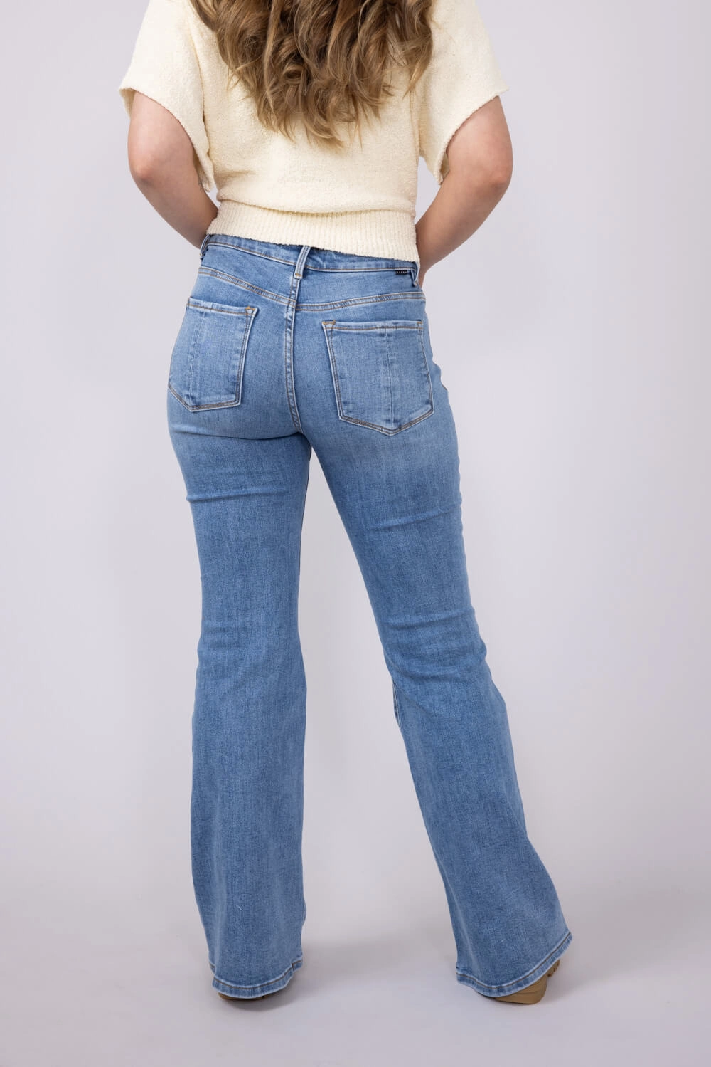 Risen Mid Rise Flare Jeans for Women | RDP5404CH-MD Minimalist Style Holiday Vibes Weekend Warrior Night Out Bold Look
