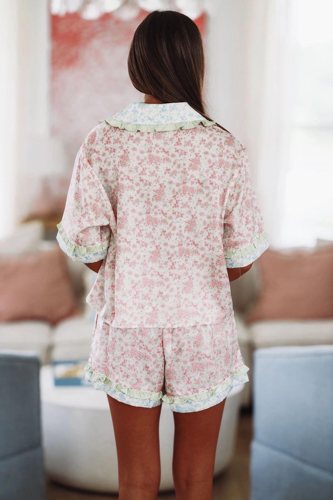 DropShoulderConstruction Rose Blooms Short and Top Pajama Set - Pink
