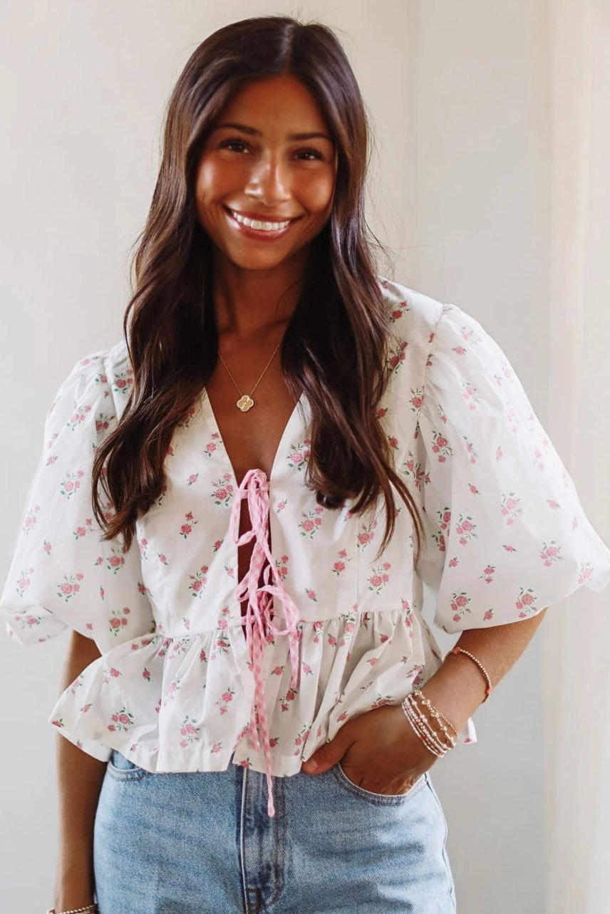 Roses in Bloom Crop Top - Pink and White LightReflectiveTrim Lightweight Layering Option