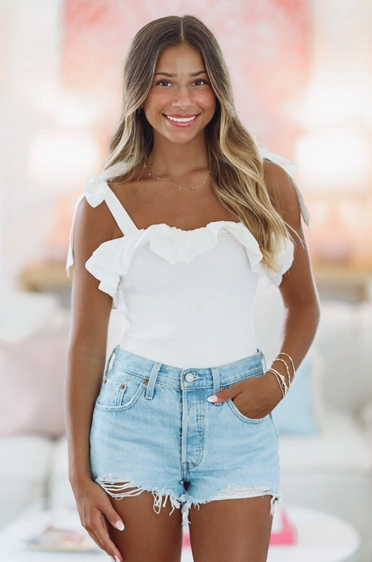 Ruffles and Ribbed Bodysuit - White Anti Pill Surface DoubleStitchedHem