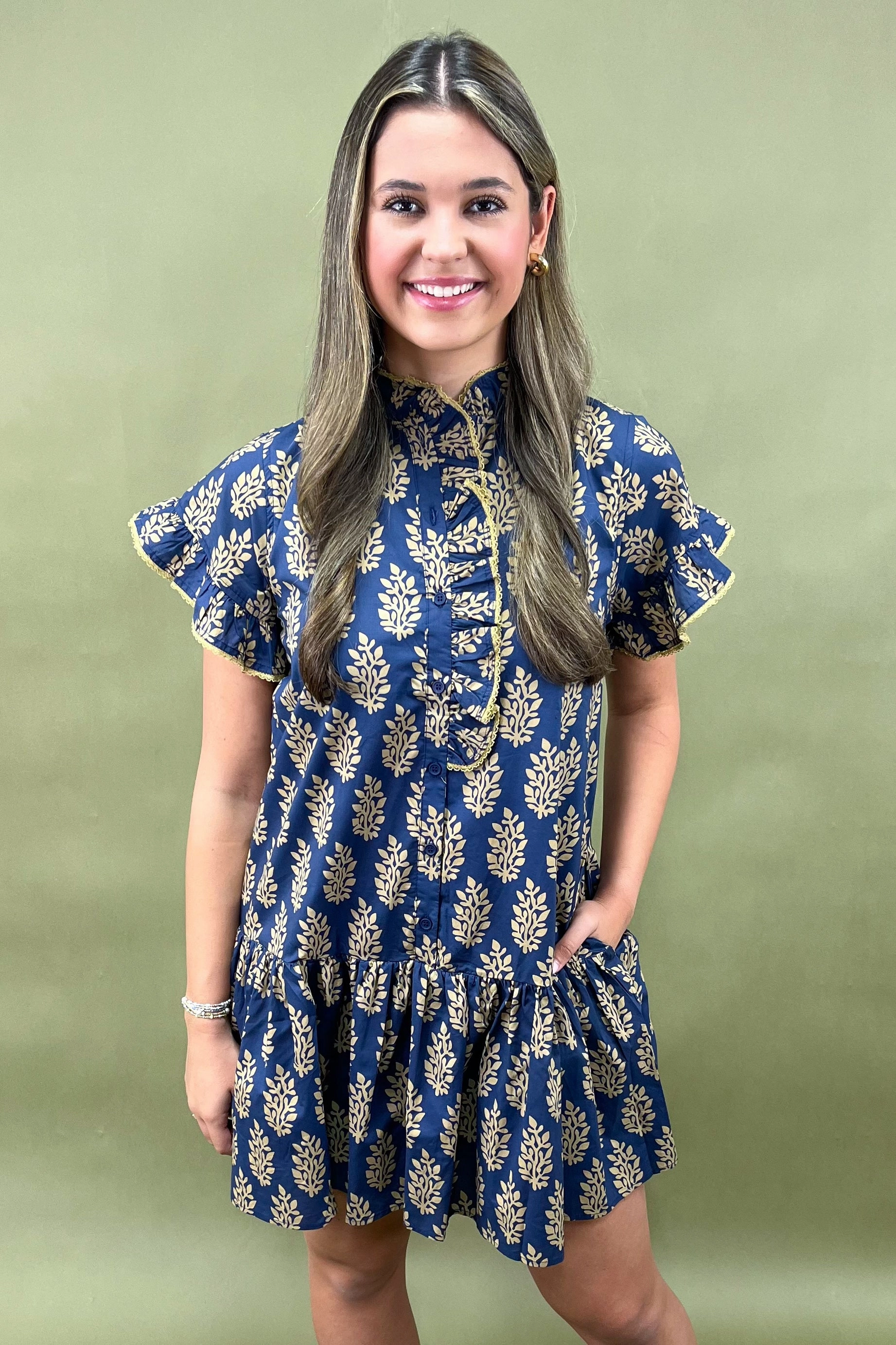 Gilded Petals Ruffle Mini Dress Subtle Lines