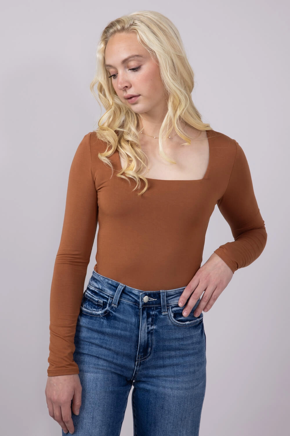 quick-drying Seamless Double Layer Square Neck Shirt for Women in Bisque Orange | 19388-BISQUE