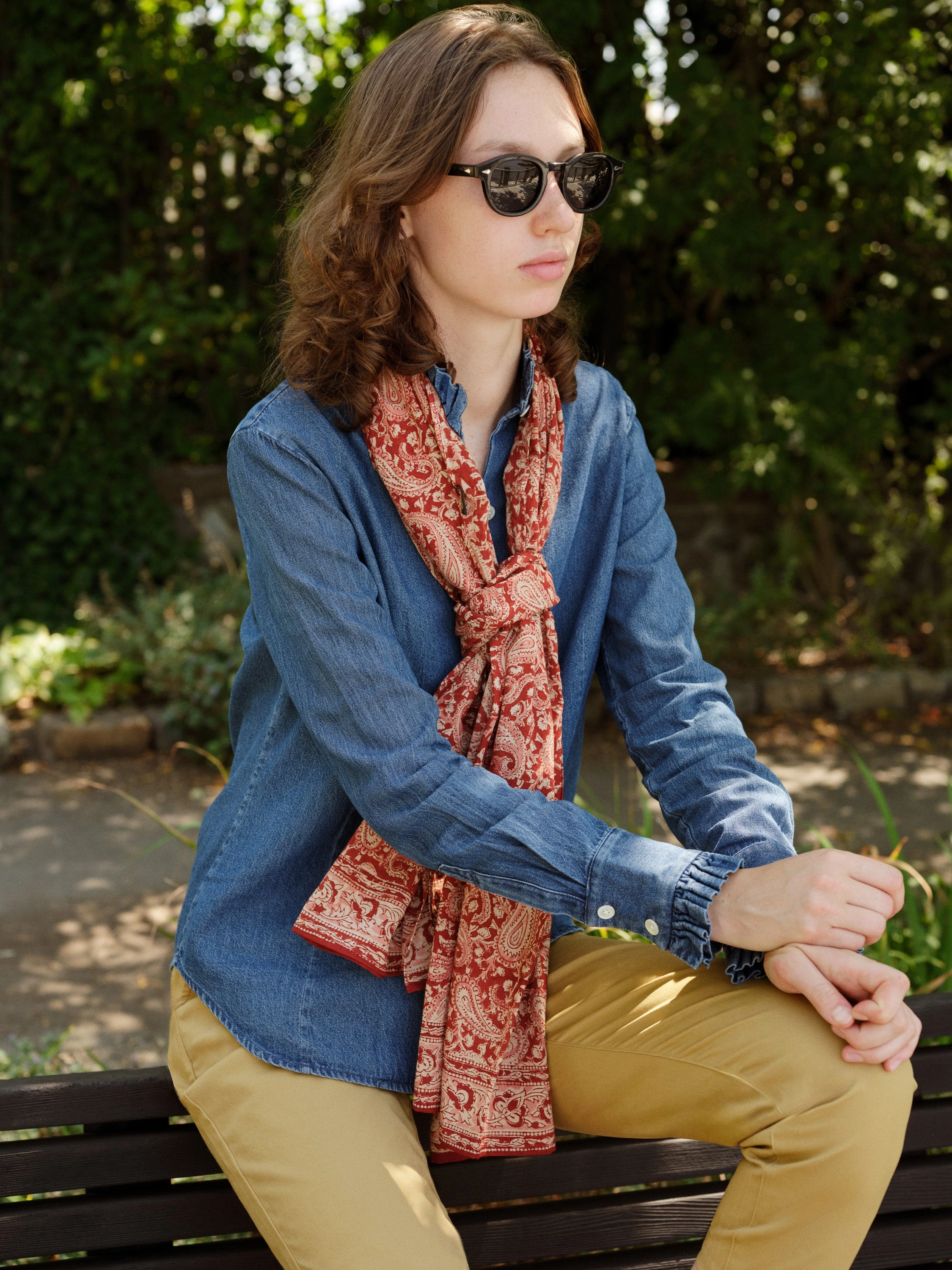 Ruffle Shirt in Denim FadeResistant Dye Reinforced Neckline