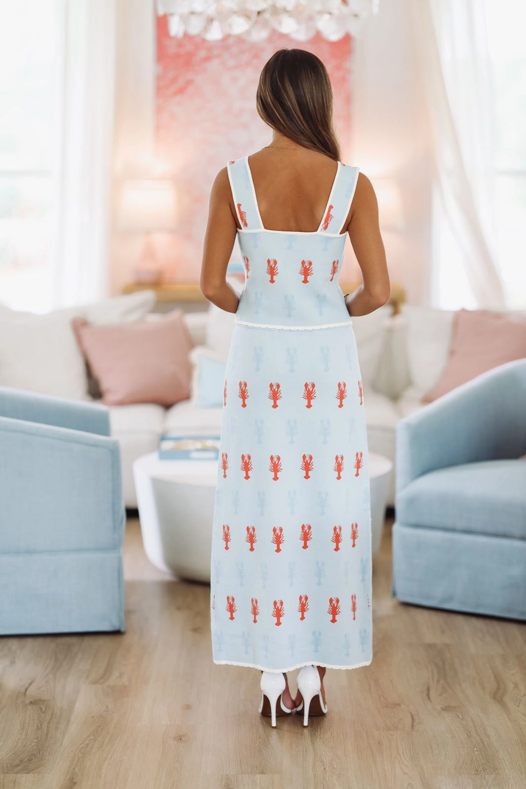 Garment Washed Flexible Ribbing Seaside Top and Midi Skirt Set - Light Blue