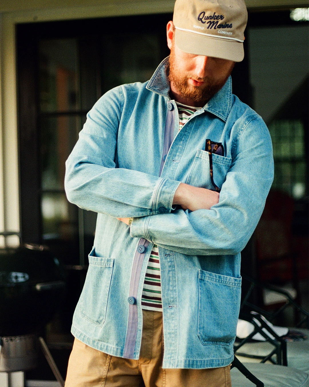 French Workman??s Jacket in Light Wash Denim Flexible Waistband