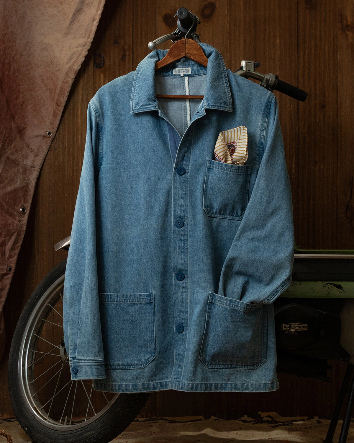 French Workman??s Jacket in Light Wash Denim Adaptive Layering System Abrasion Resistant Fabric