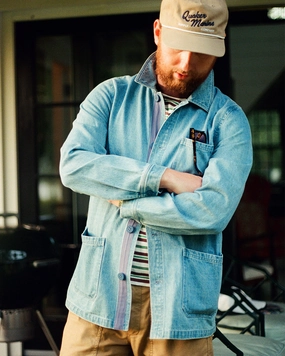 French Workman??s Jacket in Light Wash Denim Flexible Waistband