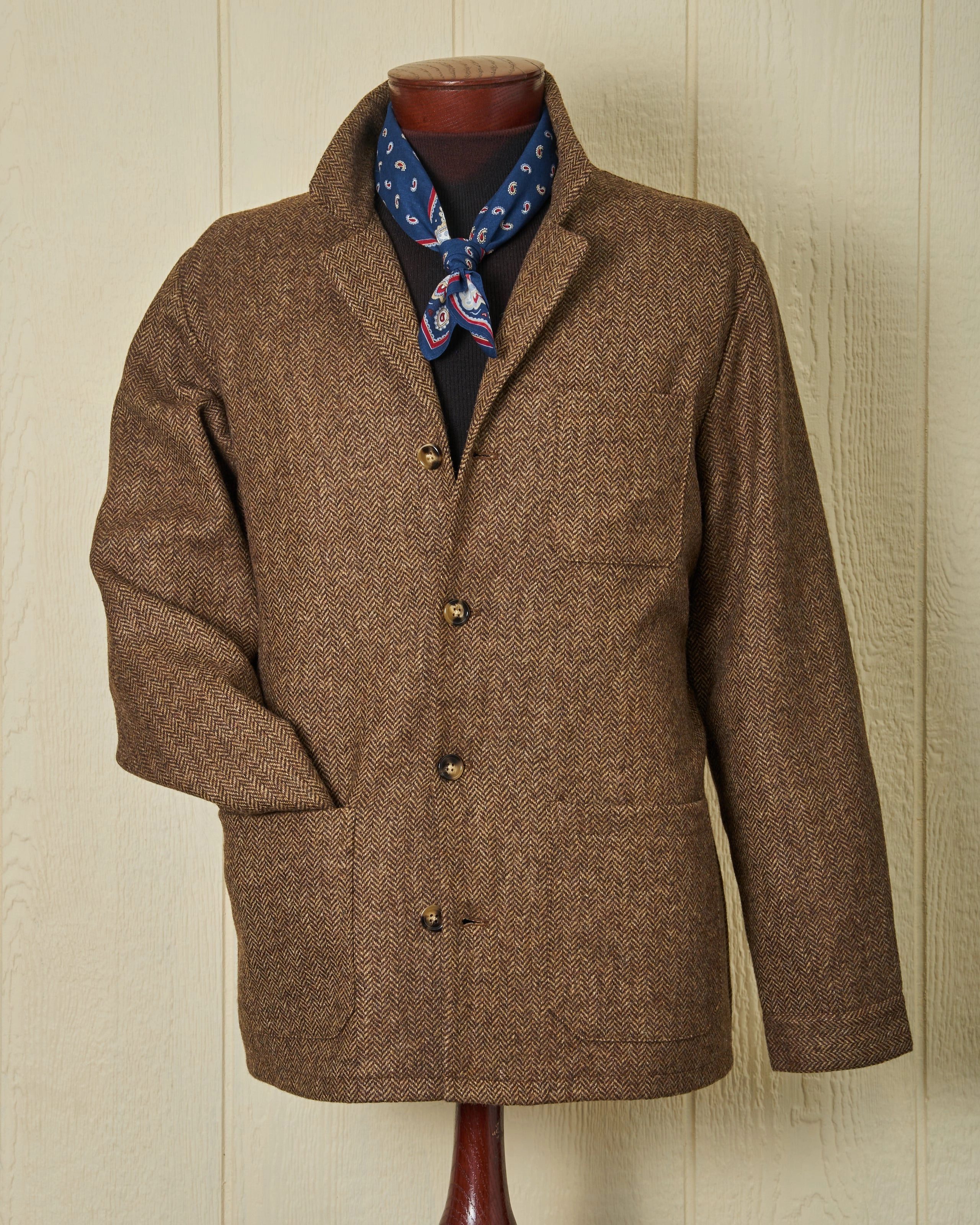 Noise Reducing Fabric Shetland Wool Loafer Jacket in Chestnut Herringbone