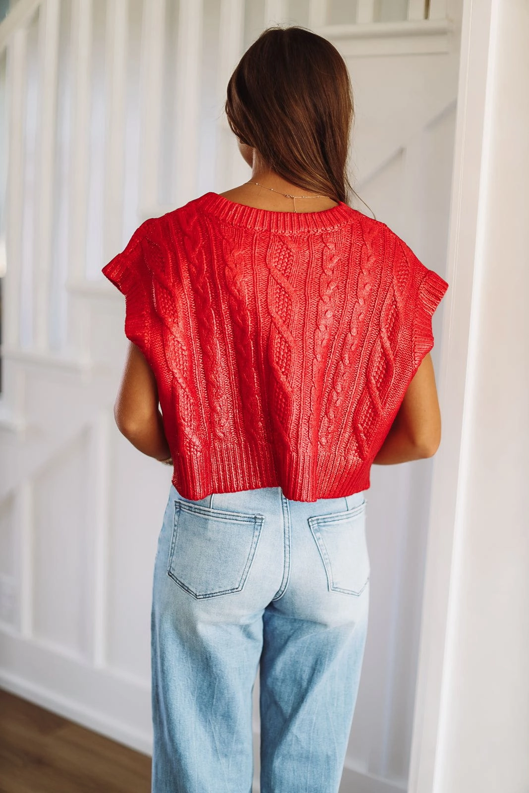 Bonded Seam Construction SlimFit Shine On Glam Crop Sweater - Red