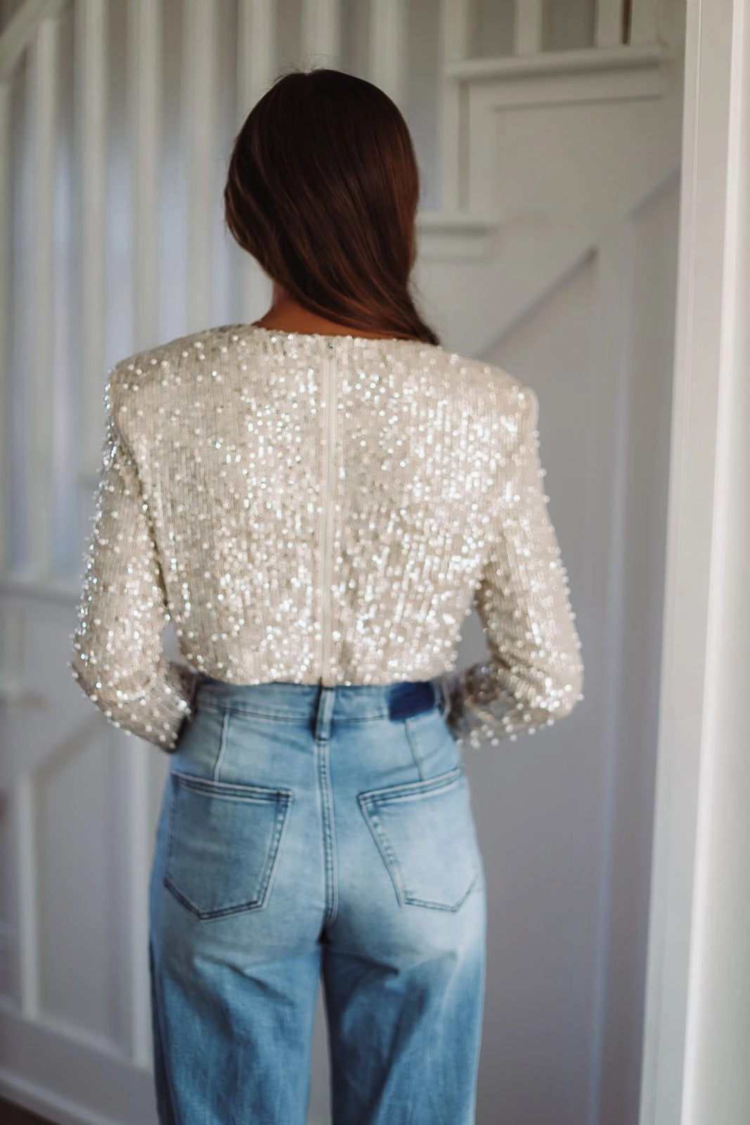 Like a Boss Sequin and Pearl Crop Top - Cream Trendy Look NonChafing Fabric