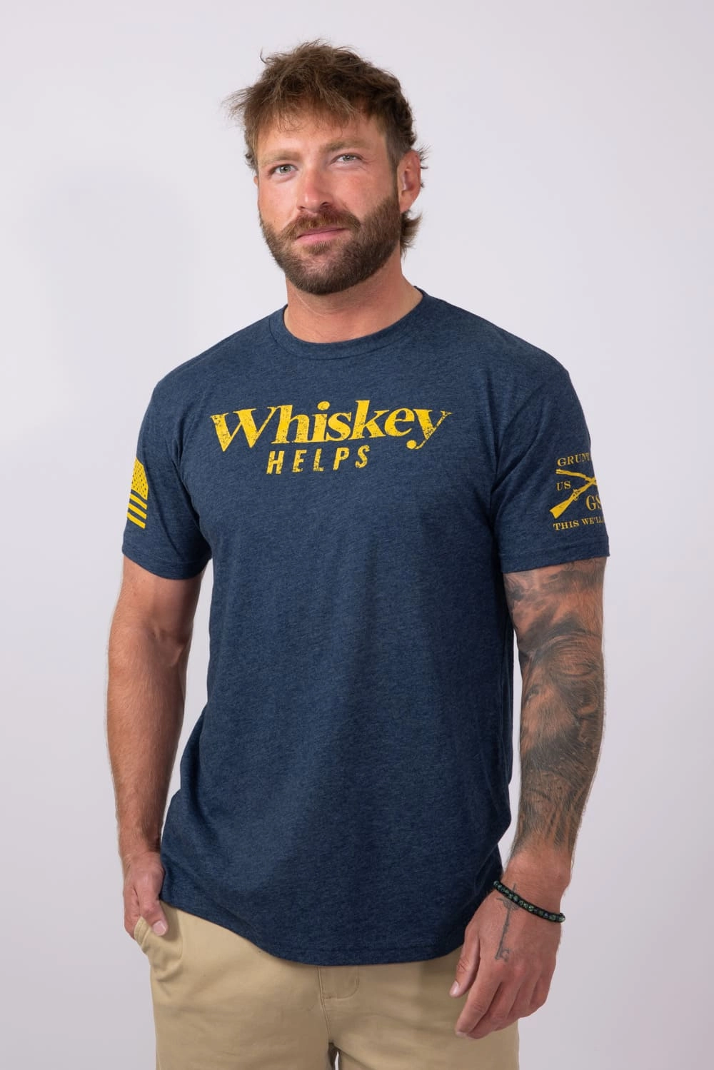Anti Odor Treatment No Slip Shoulder Design Grunt Style Whiskey Helps T-Shirt for Men in Navy | GS4793-NAVY