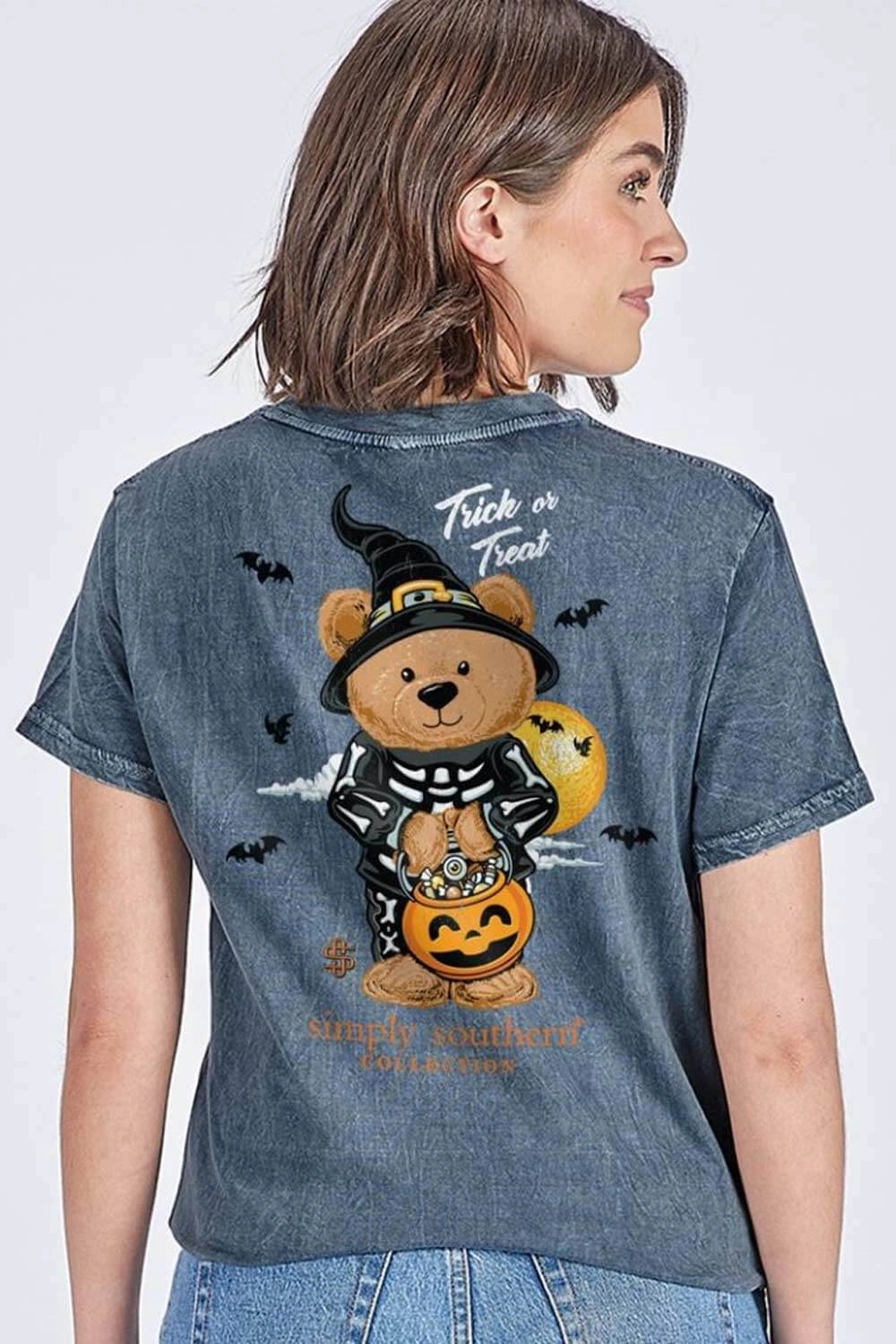 DropShoulderDesign Holiday Casual Simply Southern Trick Or Treat T-Shirt for Women in Grey | SS-TEDDYCANDY-WSHCOAL