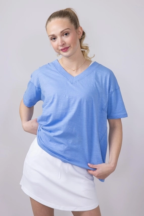Simply Southern Basic V-Neck Slub T-Shirt for Women in Blue | PP-0125-TEE-VNCK-POOL Relaxed Vibe Layered Sleeve