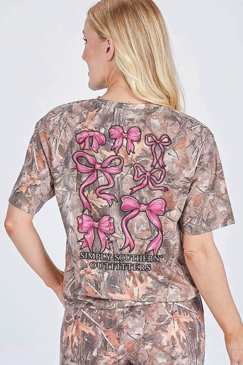 Casual Active Wear Simply Southern Camo Pink Bow T-Shirt for Women in Brown | SS-PNKBOWS-CAMO