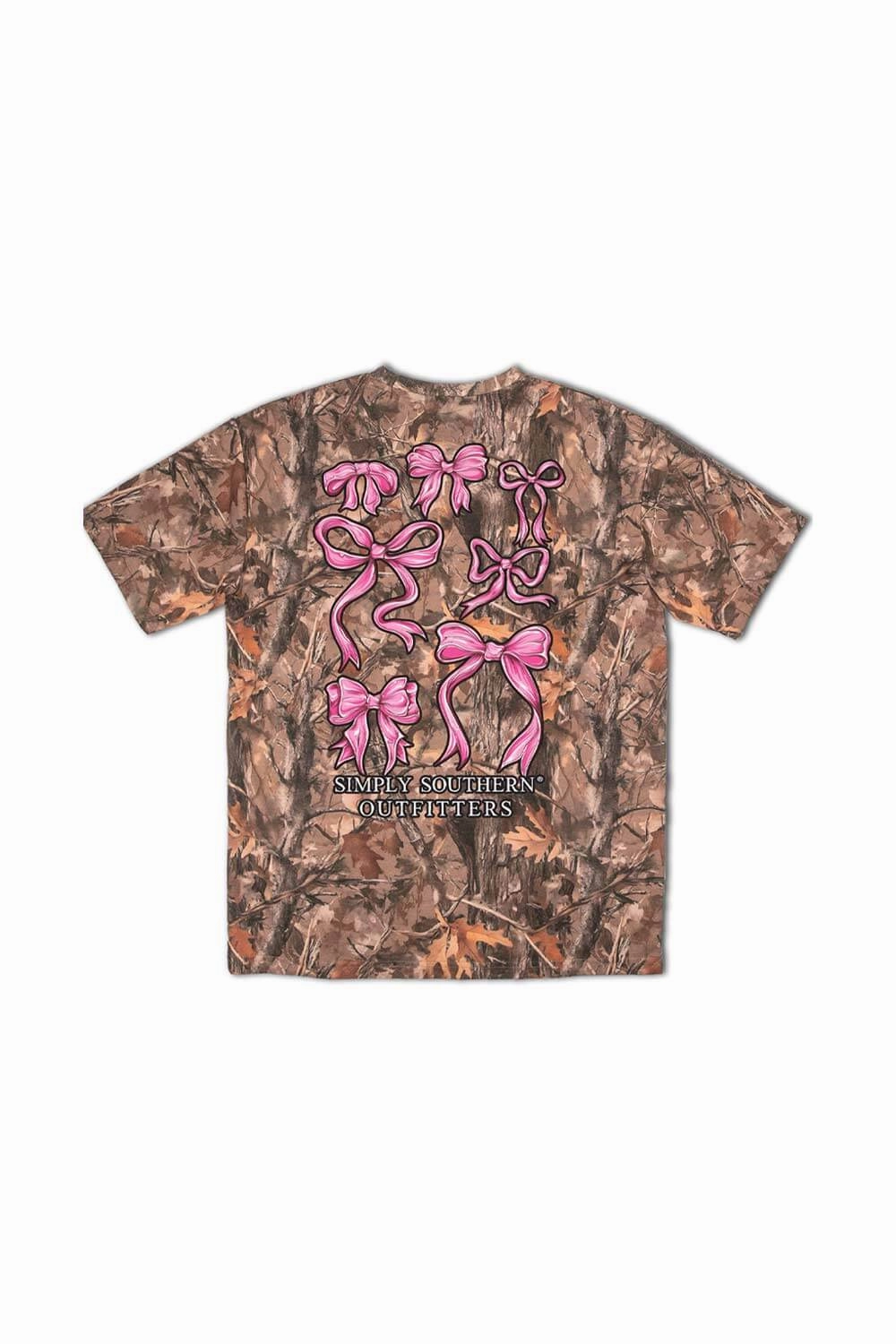 Layered Hem Detail Simply Southern Camo Pink Bow T-Shirt for Women in Brown | SS-PNKBOWS-CAMO