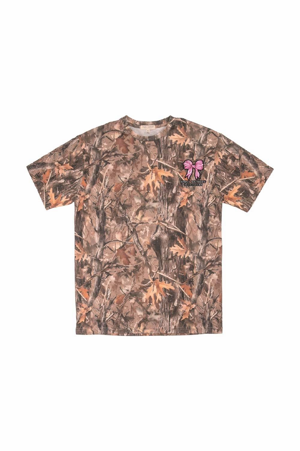 Simply Southern Camo Pink Bow T-Shirt for Women in Brown | SS-PNKBOWS-CAMO Everyday Top Fit For All