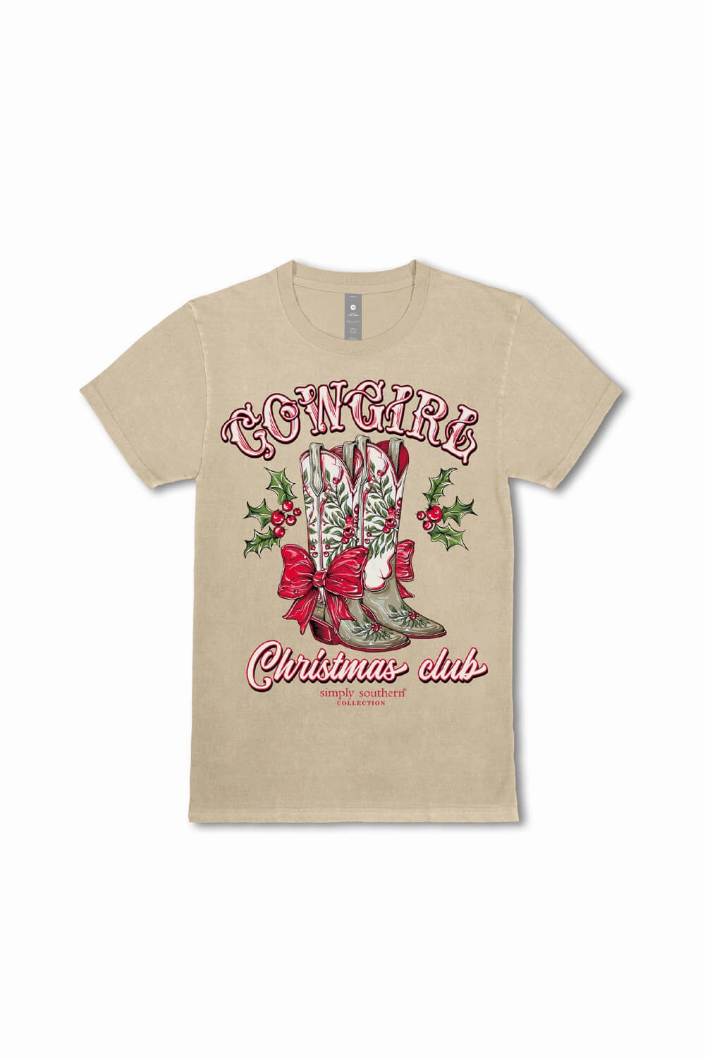 polo neck Best Seller Simply Southern Cowgirl Christmas Club T-Shirt for Women in Beige | SS-HLDYBOOTS-WSHECRU