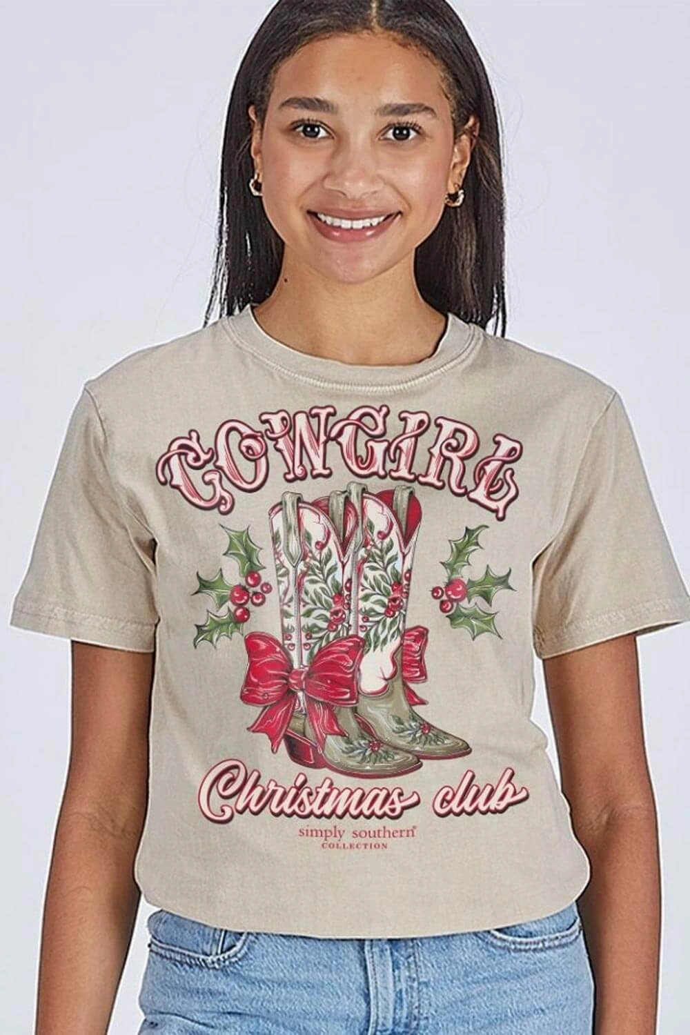 Street Comfort Layered Hem Detail Simply Southern Cowgirl Christmas Club T-Shirt for Women in Beige | SS-HLDYBOOTS-WSHECRU