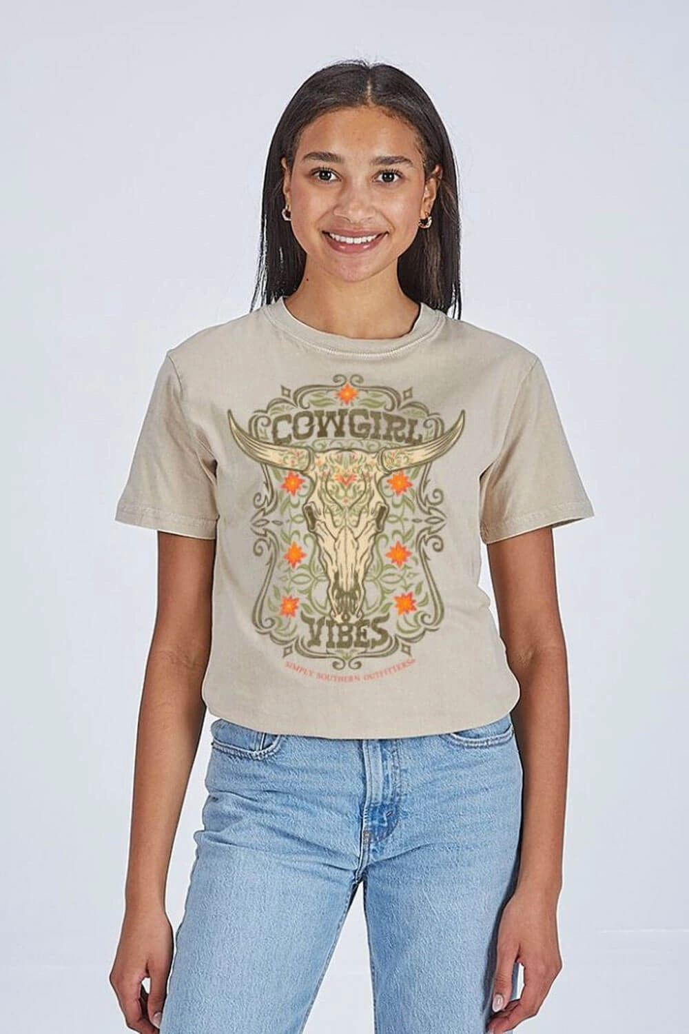 Comfortable Piece Simply Southern Cowgirl Vibes T-Shirt for Women in Washed Ecru | SS-COWGIRLVIBES-WSHECRU