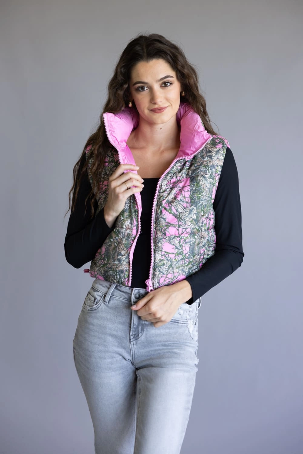 Lightweight Shell Simply Southern Cropped Puffer Vest for Women in Camo Pink | PP-0225-VEST-PUFFR-CAMOPNK Breathable Material