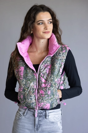 Simply Southern Cropped Puffer Vest for Women in Camo Pink | PP-0225-VEST-PUFFR-CAMOPNK Breathable Material Heat Reflective Tech