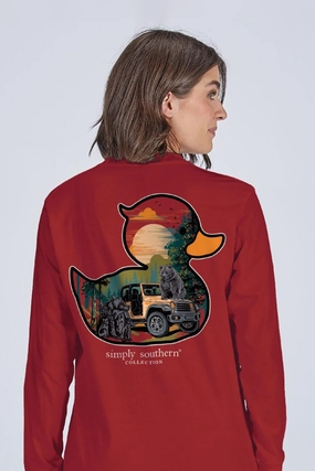 Simply Southern Duck Bear Long Sleeve T-Shirt for Women in Carmine | LS-DUCKBEARS-CARMINE Stylish and Cozy Sleek Stretch