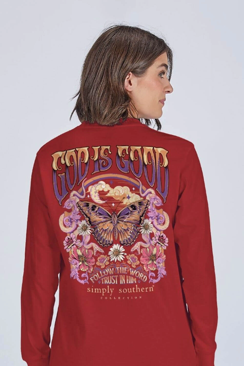 Thermoregulating Fabric Soft and Cozy Simply Southern Follow the Word Long Sleeve T-Shirt for Women in Carmine | LS-FOLLOW-CARMINE