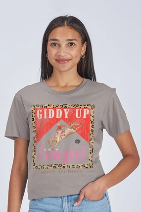 Simply Southern Giddy Up Cowgirl T-Shirt for Women in Grey | SS-COWGIRL-WSHSHDW Unique Design