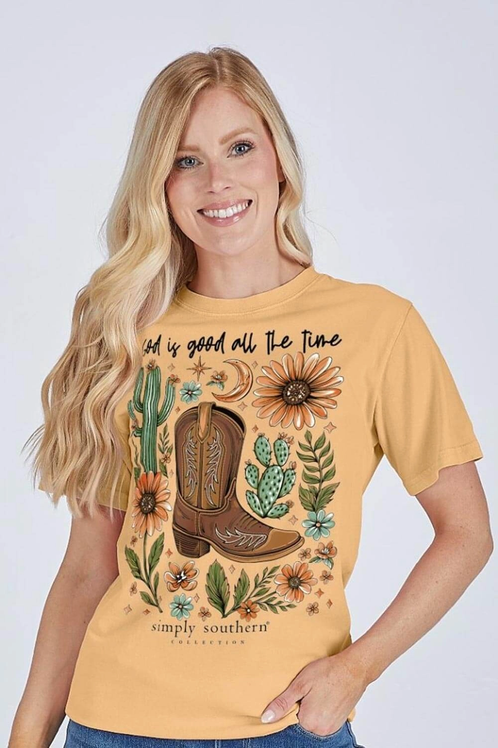 Simply Southern God Is Good T-Shirt for Women in Bisque Cream | SS-TIME-BISQUE Soft and Stretchy Stretch Fit Design