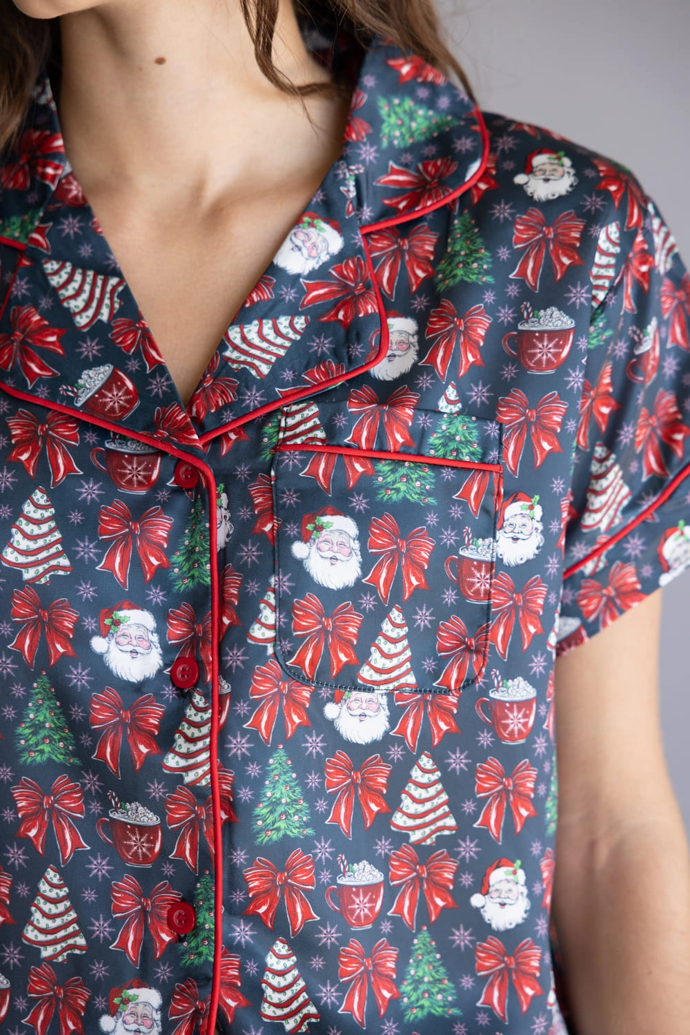 Rubberized Waistband Simply Southern Holiday Pajama Shorts Set for Women in Black Multi | PP-0225-PJ-SET-SS-HLDY-TRST