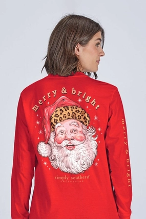 Christmas Daily Comfort Simply Southern Leopard Hat Santa Long Sleeve T-Shirt for Women in Red | LS-LEOSANTA-RED