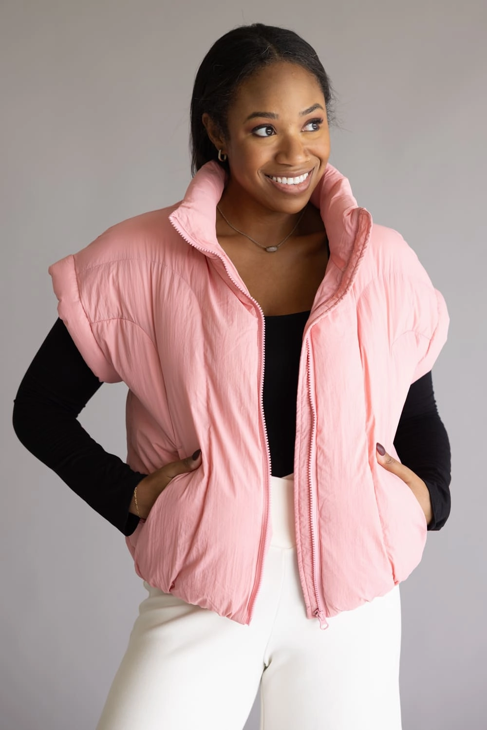 Modern Utility Cold Climate Simply Southern Lottie Puffer Vest for Women in Pink | PP-0225-VEST-LOTTIE-PETAL Essential City Piece