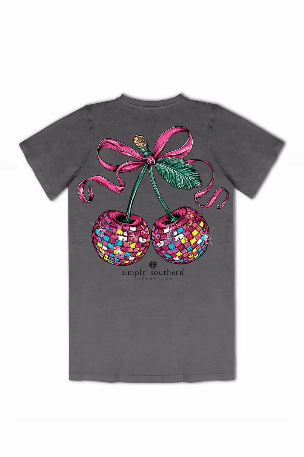 Wicking Interlock Knit Sustainable Dye Process Simply Southern Plus Size Disco Cherries T-Shirt for Women in Washed Coal | EXT-SS-CHERRY-WSHCOAL