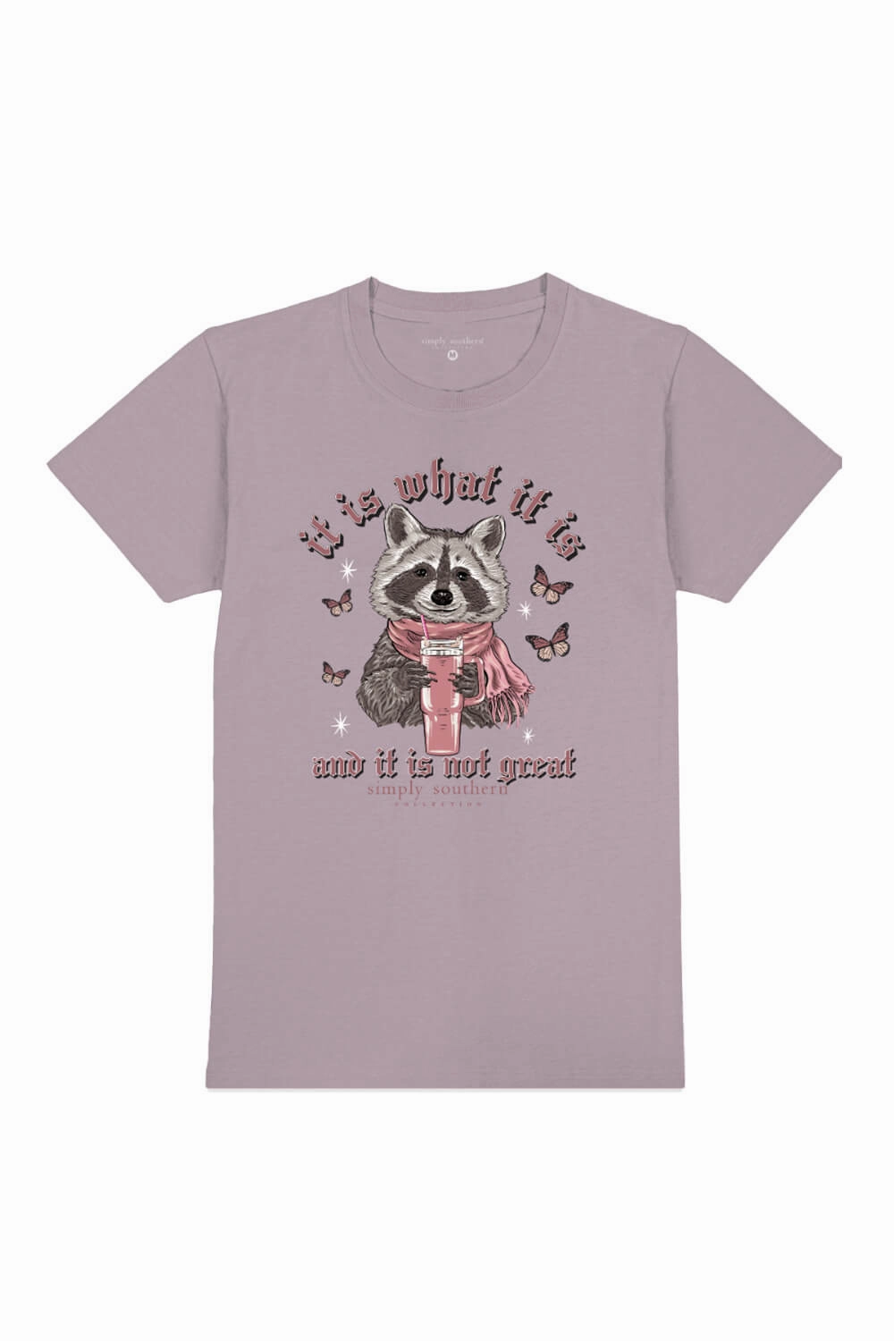 Comfy Comfort Breathable Yarn Composition Simply Southern Plus Size It Is What It Is Raccoon T-Shirt for Women in Purple | EXT-SS-RACCOON-PARAGON