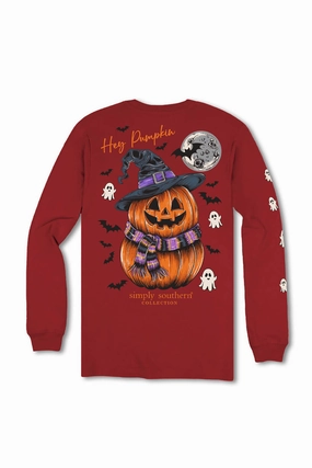 Simply Southern Plus Size Pumpkin Witch Hat Long Sleeve T-Shirt for Women in Red| EXT-LS-PMPKN-CARMINE Flatlock stitching Embroidered