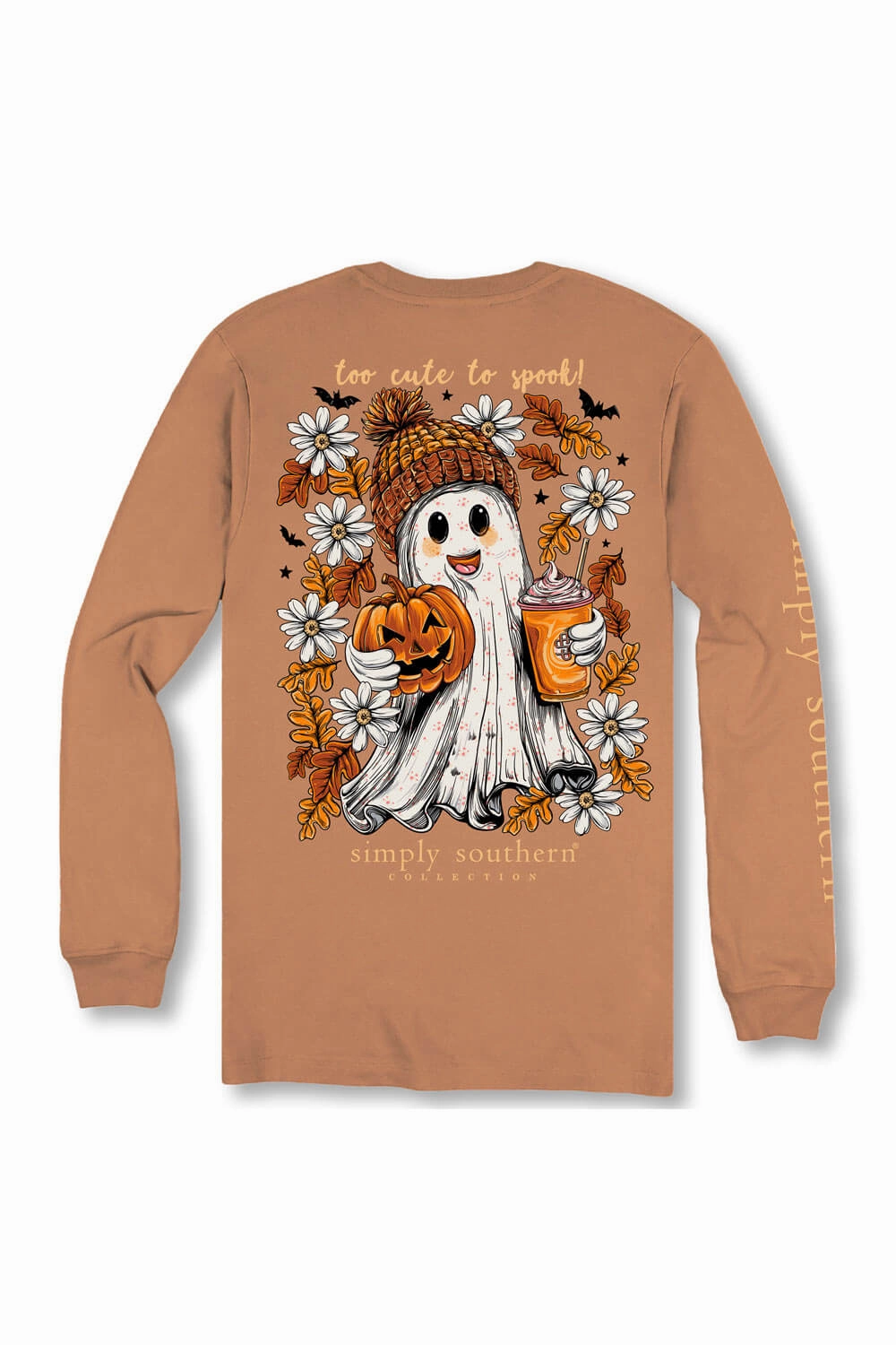 Simply Southern Plus Size Too Cute To Spook Long Sleeve T-Shirt for Women in Chestnut | EXT-LS-GHOST-CHSTNT Layered Hem Design