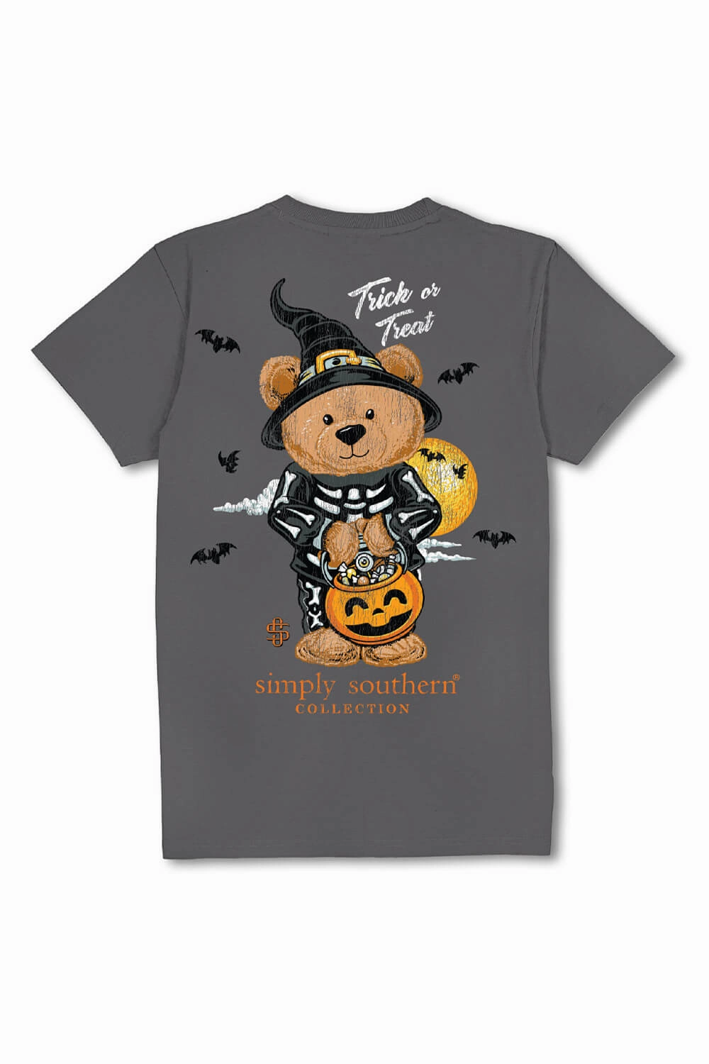 Multi Panel Design Fun and Playful Simply Southern Plus Size Trick Or Treat T-Shirt for Women in Grey | EXT-SS-TEDDYCANDY-WSHCOAL