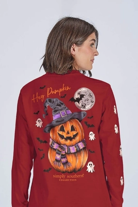 Simply Southern Pumpkin Witch Hat Long Sleeve T-Shirt for Women in Red | LS-PMPKN-CARMINE Ethically Sourced Materials