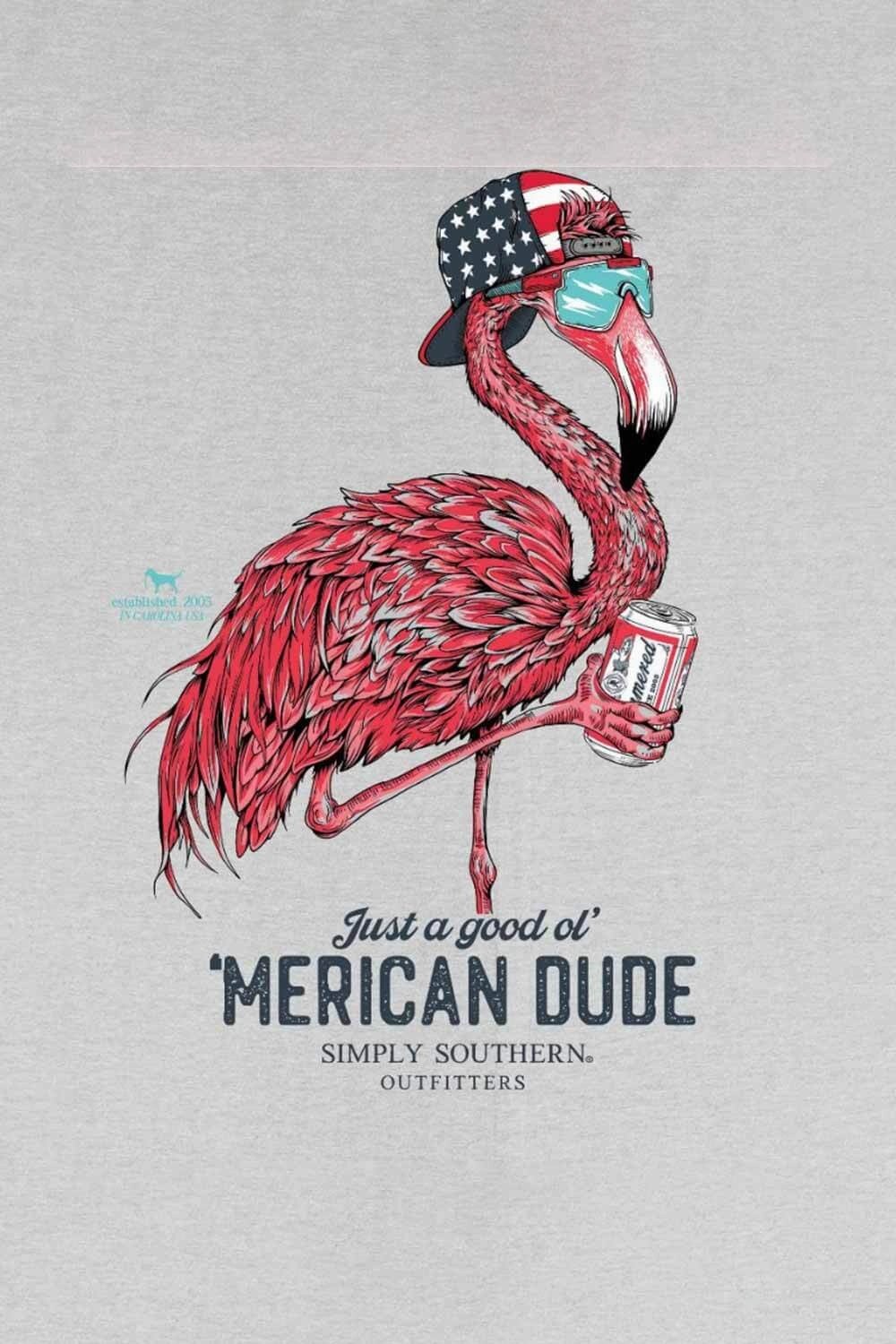 Summer Casual Workout Gear Simply Southern USA Flamingo T-Shirt for Men in Grey | MN-SS-FLAMINGO-FOG