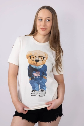 Comfy Fit Layer USA Teddy Bear Graphic T-Shirt for Women in Ivory | 20055X-TS-IVORY