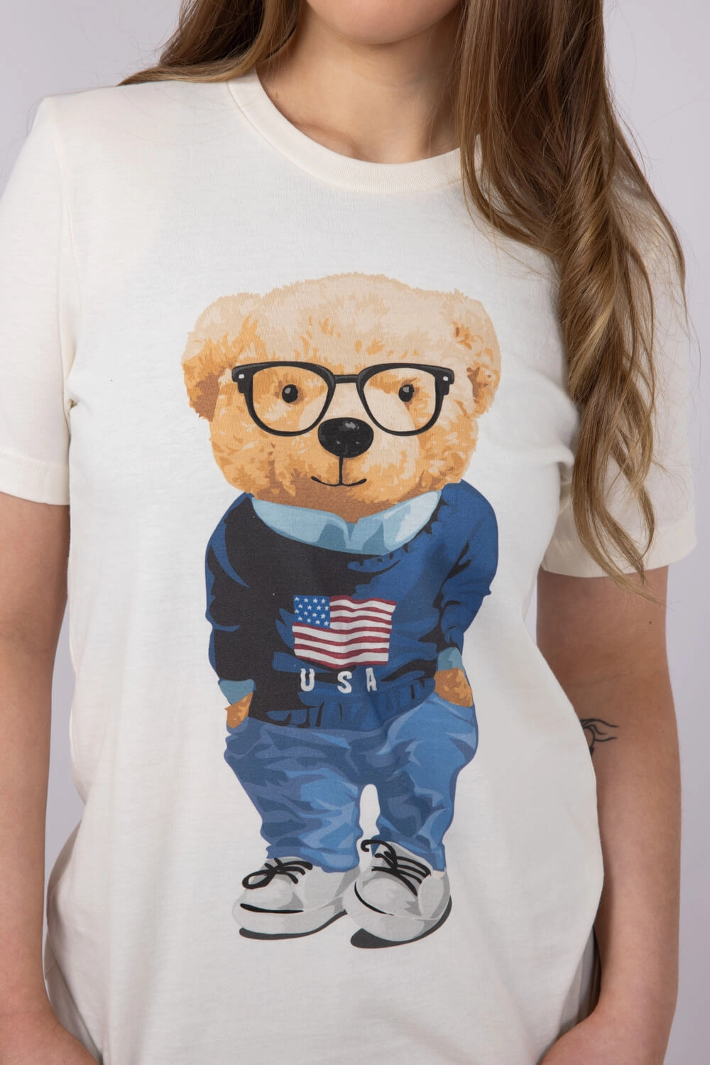 USA Teddy Bear Graphic T-Shirt for Women in Ivory | 20055X-TS-IVORY Casual Touch Unisex Core