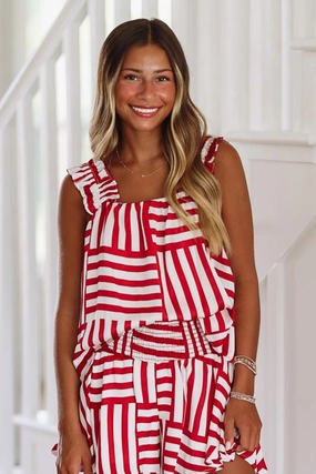 Two Tone Weave Bailee At The Bonfire Top - Crimson Stripe