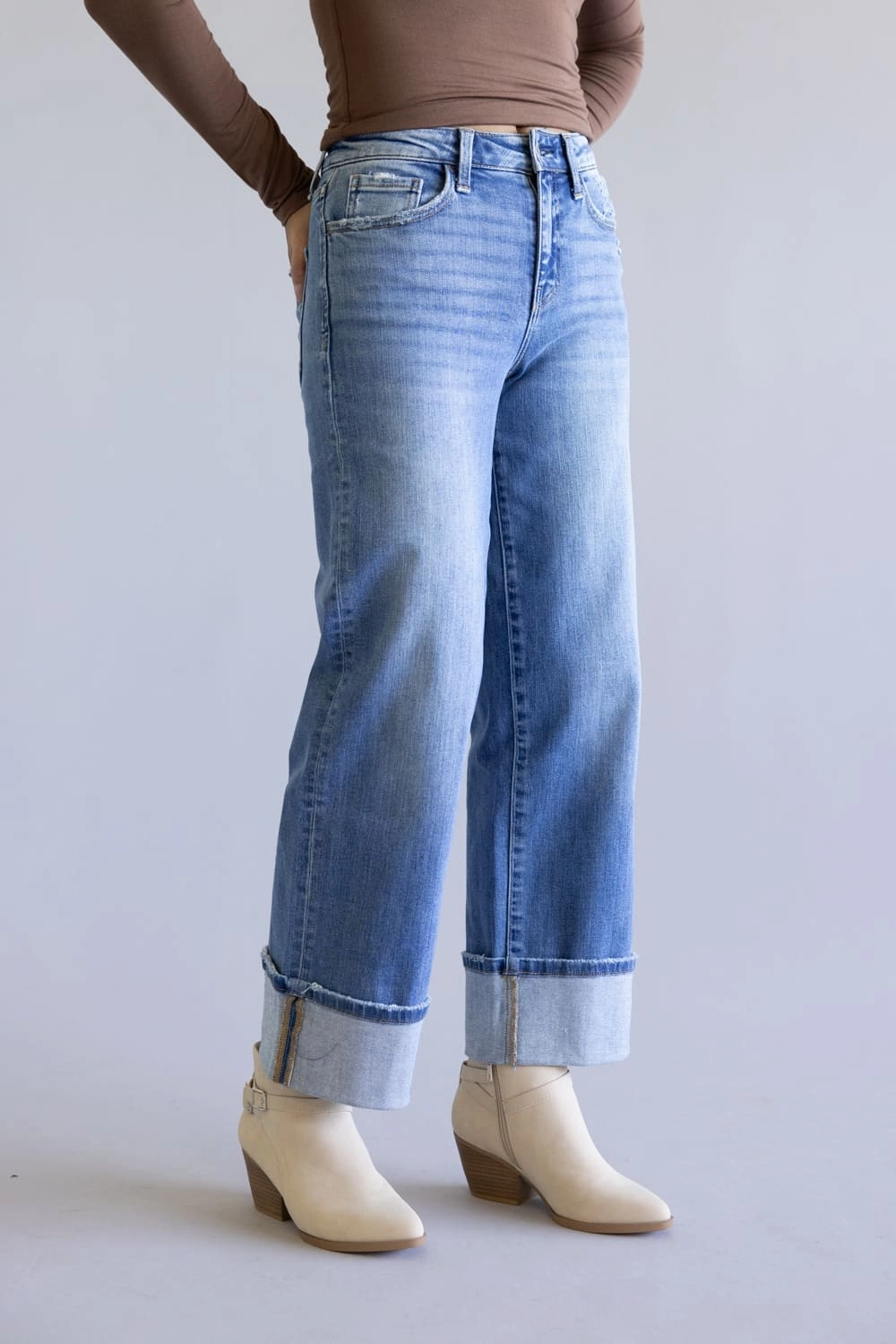 Flying Monkey High-Rise Cuffed Hem Wide Leg Jeans for Women | F5890 Airy Touch Cropped length