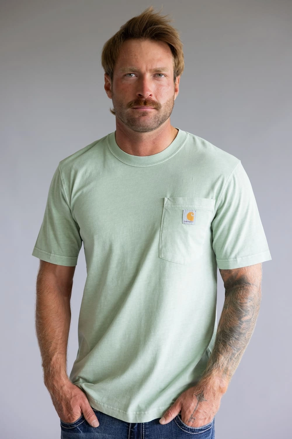 Standard Body Fit Heather Jersey Material Carhartt Garment Dye Pocket T-Shirt for Men in Light Green | 106252-GL3