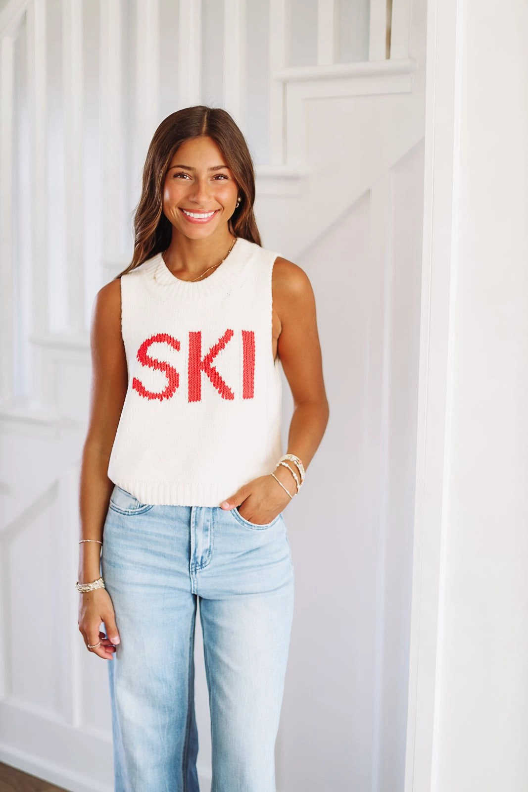 Ski Chunky Cropped Sweater - Cream and Red NoTagLabel AntiPillingSurface