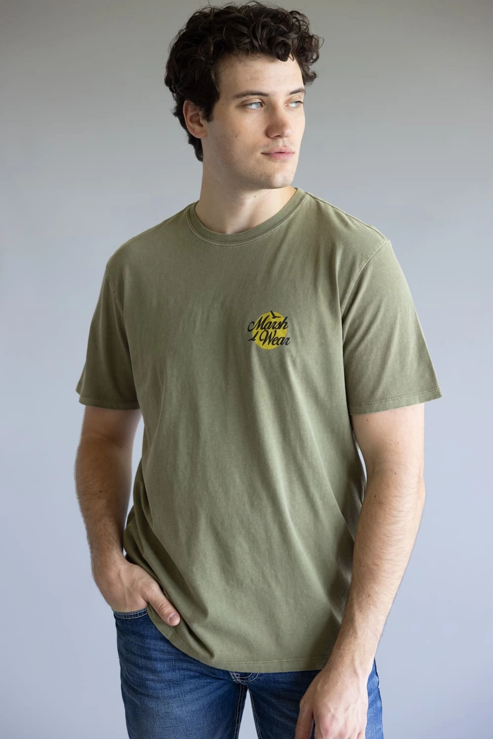 Easy to Style Roomy Waist Marsh Wear Buck Fever T-Shirt for Men in Vintage Moss | MWT5021-VMOS