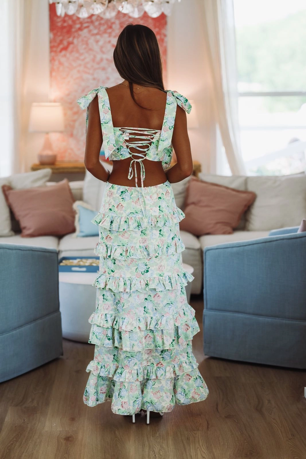 Spring Muse Print Crop Top - Green TaglessLabel MoistureWicking Fabric