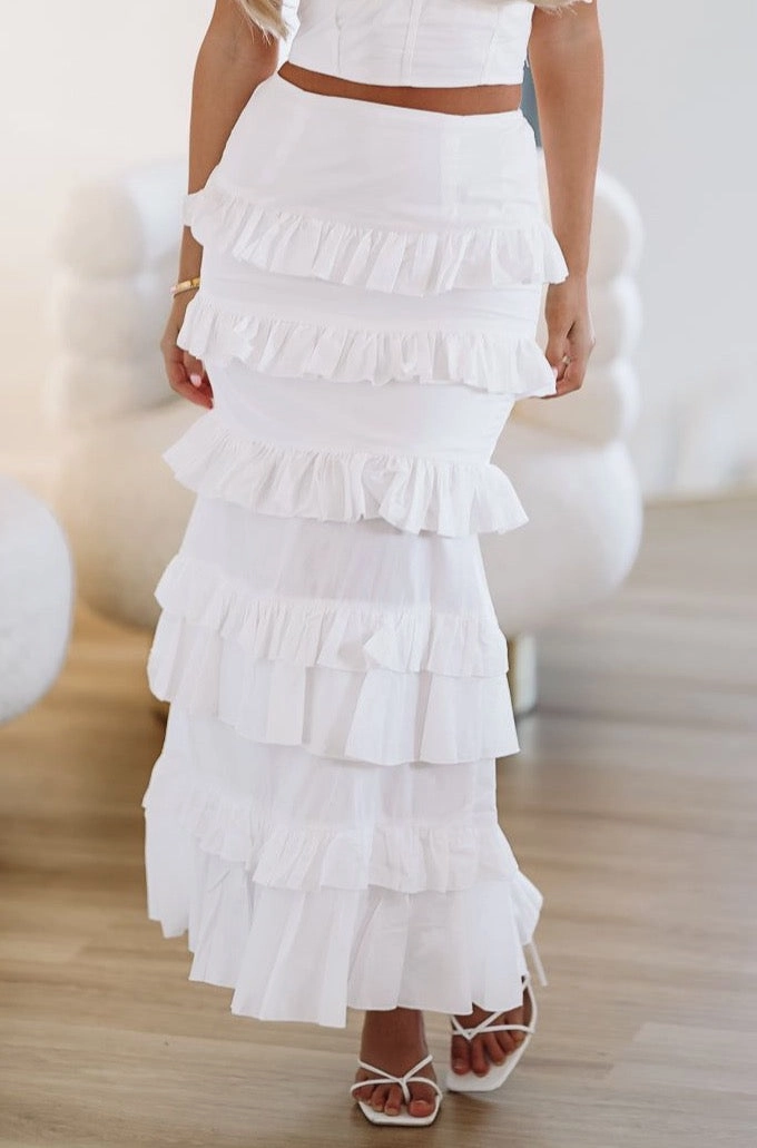 Crisp Edge Diagonal Slit Spring Muse Ruffle Maxi Skirt - White