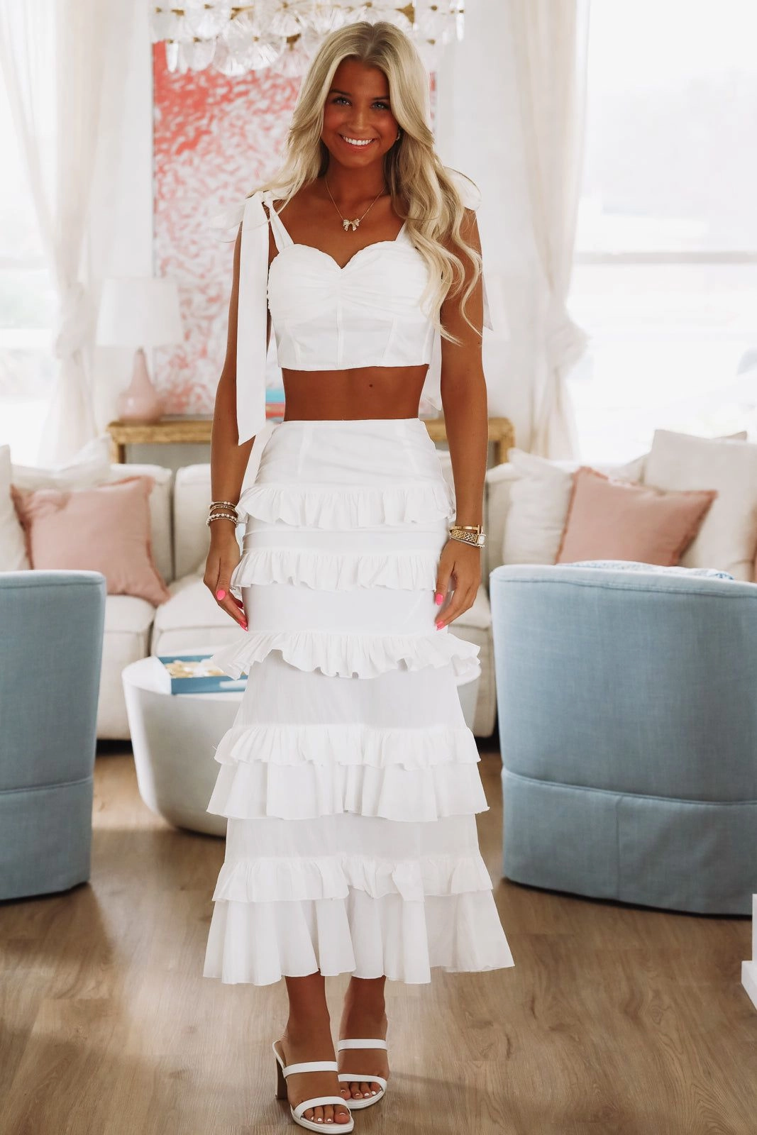 Spring Muse Ruffle Maxi Skirt - White Eco conscious